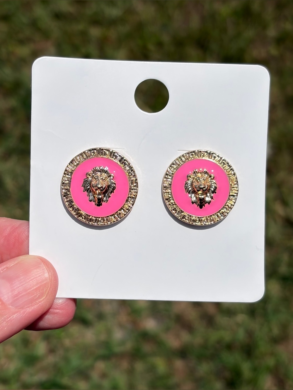 Gold Lion Head Pink Enamel Stud Earrings - Women Jewelry